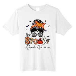 One Spooky Sped Teacher Messy Bun Women Pumpkin Halloween Tall Fusion ChromaSoft Performance T-Shirt