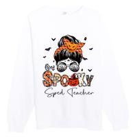 One Spooky Sped Teacher Messy Bun Women Pumpkin Halloween Premium Crewneck Sweatshirt