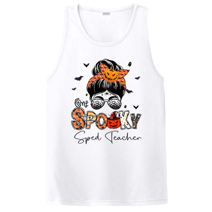 One Spooky Sped Teacher Messy Bun Women Pumpkin Halloween PosiCharge Competitor Tank