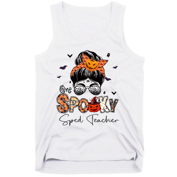 One Spooky Sped Teacher Messy Bun Women Pumpkin Halloween Tank Top