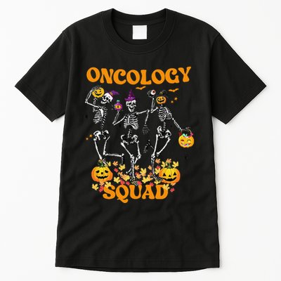 Oncology Squad Skeleton Pumpkin Fall Leaves Spooky Halloween Tall T-Shirt