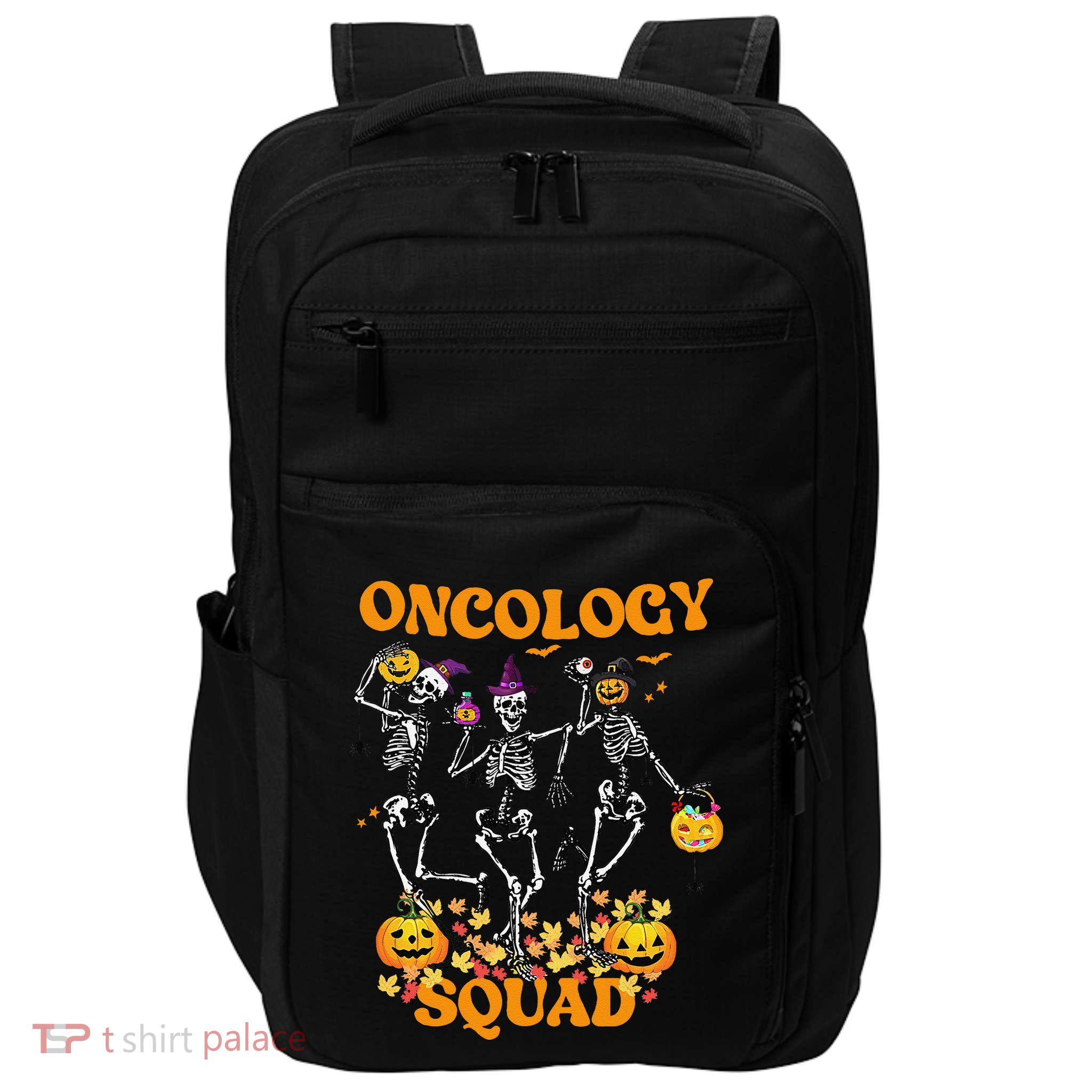 Oncology Squad Skeleton Pumpkin Fall Leaves Spooky Halloween Impact Tech Backpack