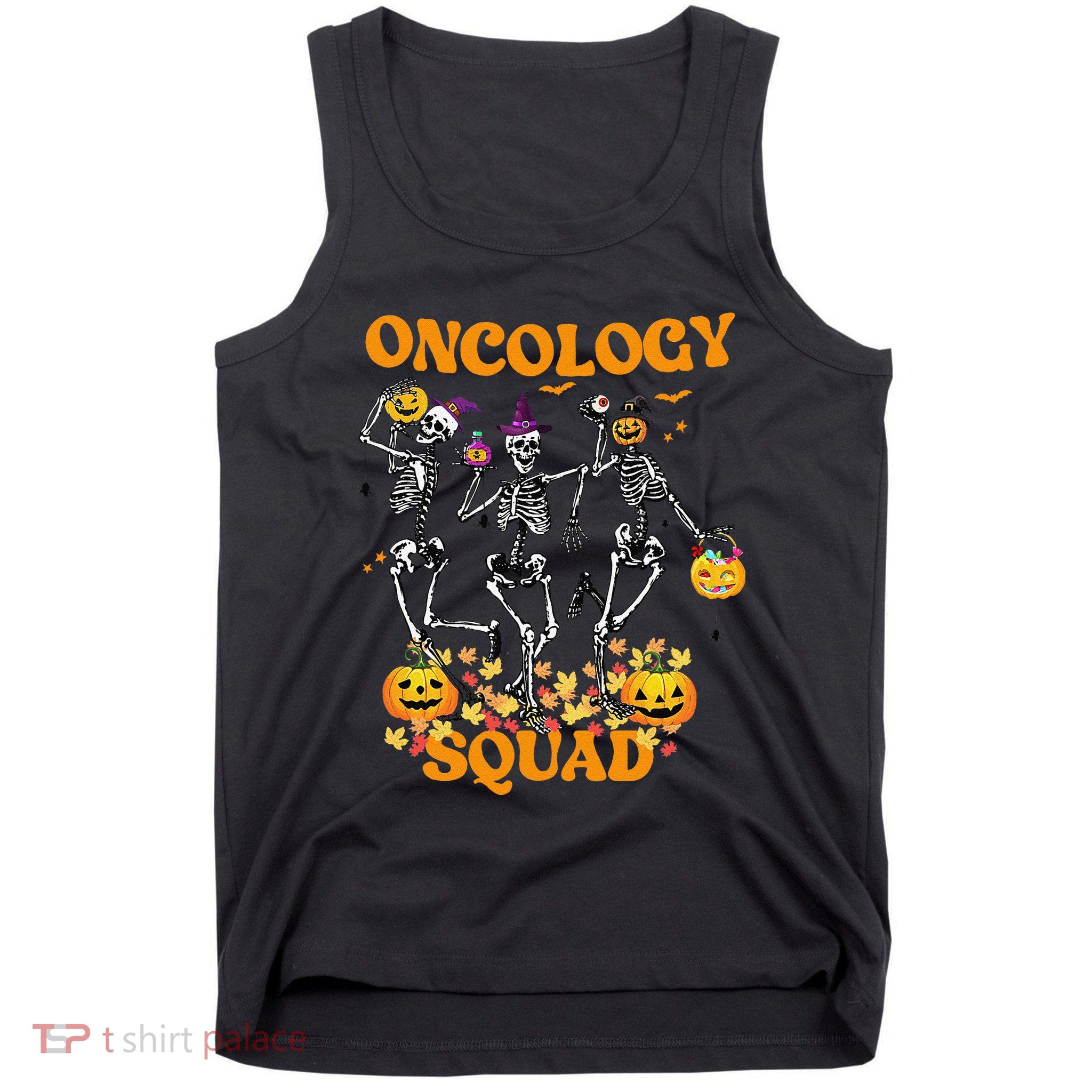 Oncology Squad Skeleton Pumpkin Fall Leaves Spooky Halloween Tank Top