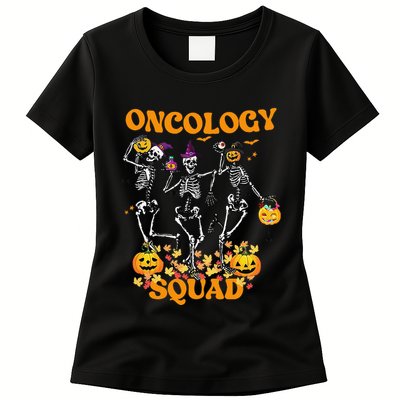 Oncology Squad Skeleton Pumpkin Fall Leaves Spooky Halloween Womens T-Shirt