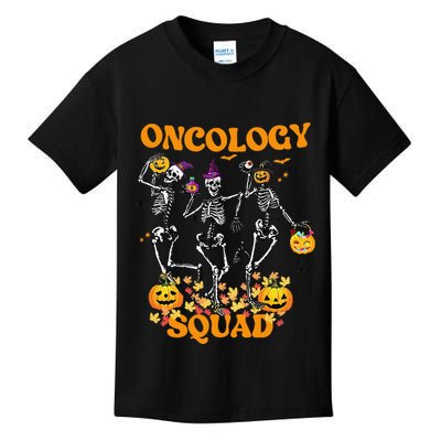 Oncology Squad Skeleton Pumpkin Fall Leaves Spooky Halloween Kids T-Shirt