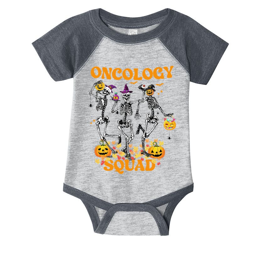 Oncology Squad Skeleton Pumpkin Fall Leaves Spooky Halloween Infant Baby Jersey Bodysuit