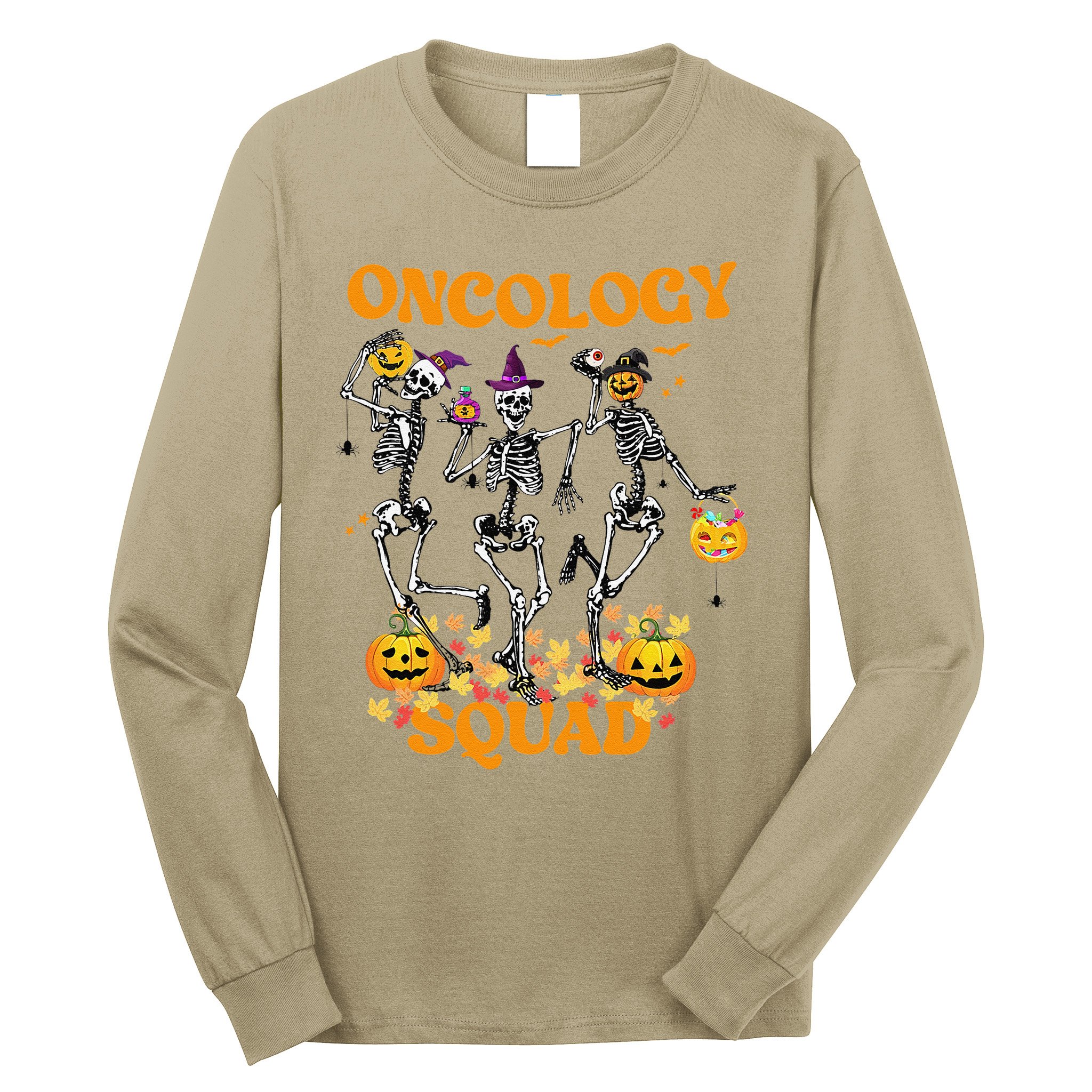 Oncology Squad Skeleton Pumpkin Fall Leaves Spooky Halloween Long Sleeve Shirt