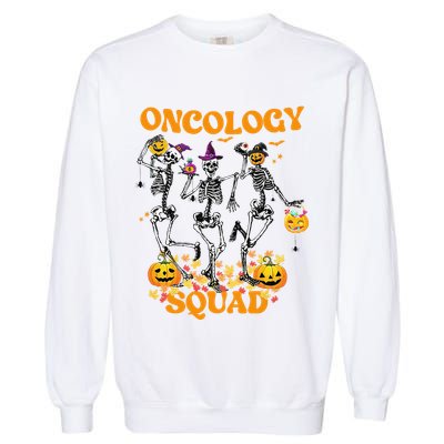 Oncology Squad Skeleton Pumpkin Fall Leaves Spooky Halloween Garment-Dyed Sweatshirt
