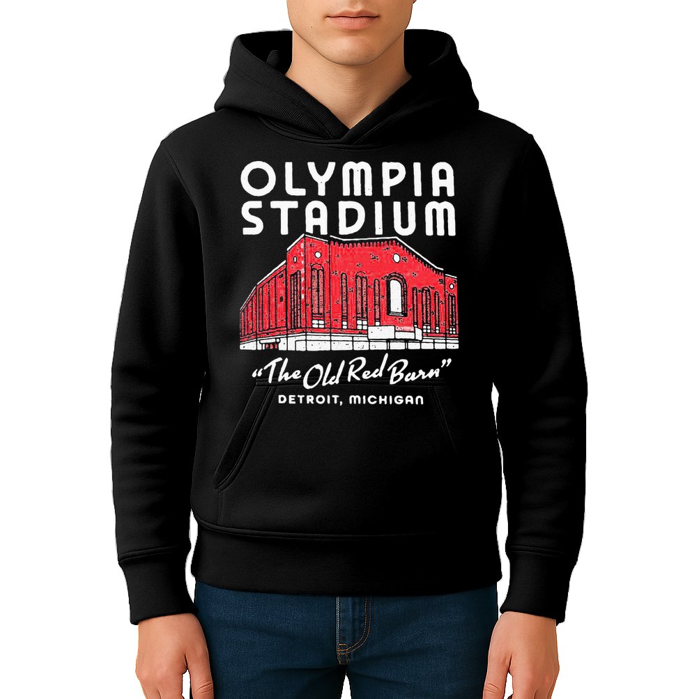 Olympia Stadium The Old Red Burn Detroit Michigan Kids Hoodie
