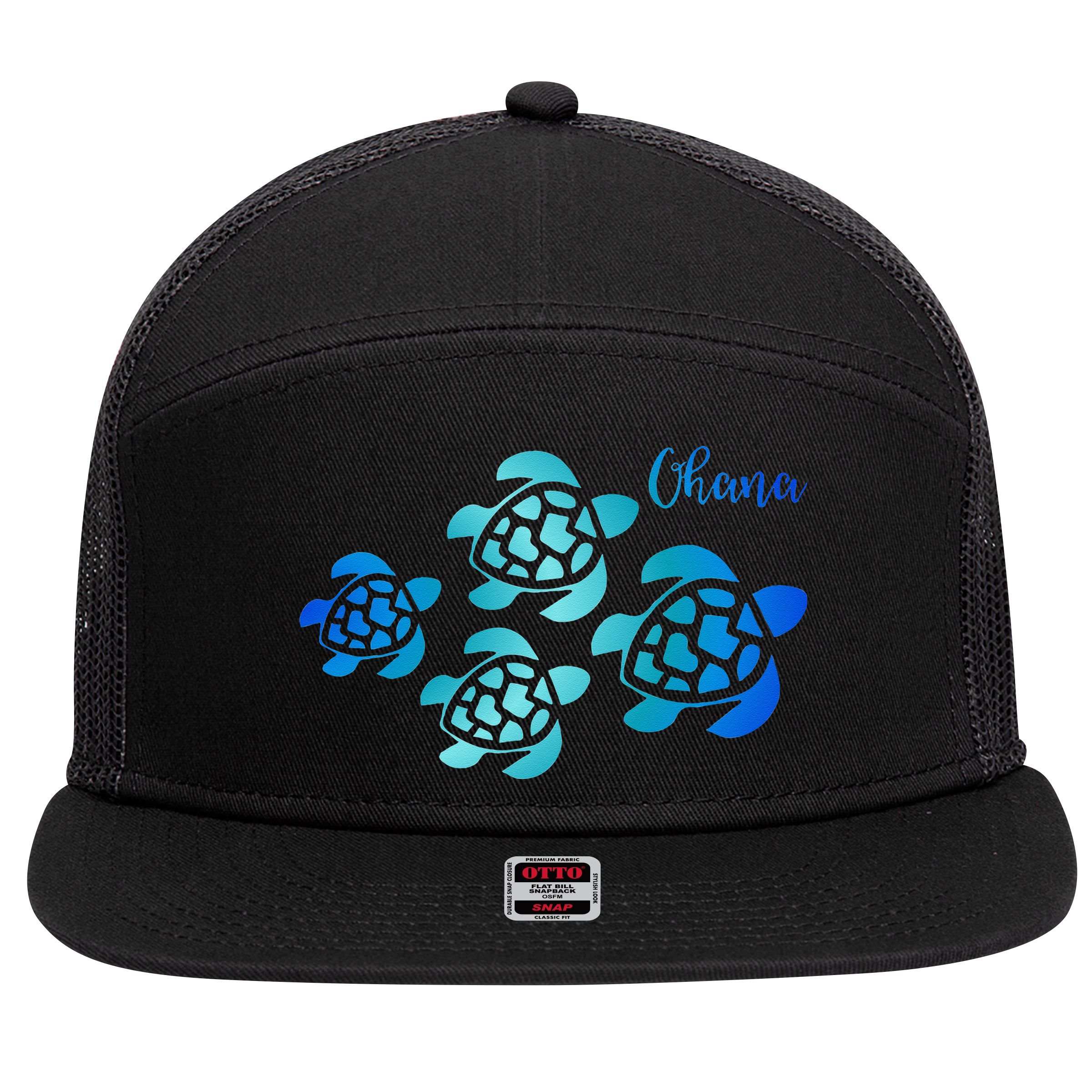 Ohana Sea Turtle Family Hawaii Vacation Tropical Hawaiian 7 Panel Mesh Trucker Snapback Hat