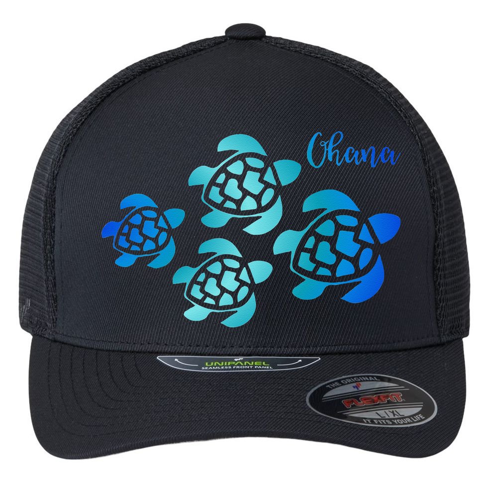 Ohana Sea Turtle Family Hawaii Vacation Tropical Hawaiian Flexfit Unipanel Trucker Cap