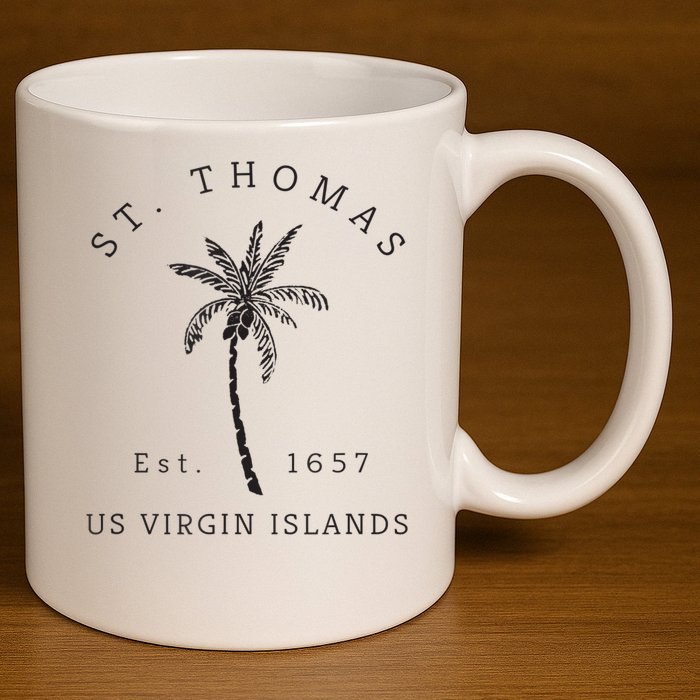 Original St. Thomas Virgin Islands Palm Tree Novelty Art 11oz C Handle Ceramic Mug
