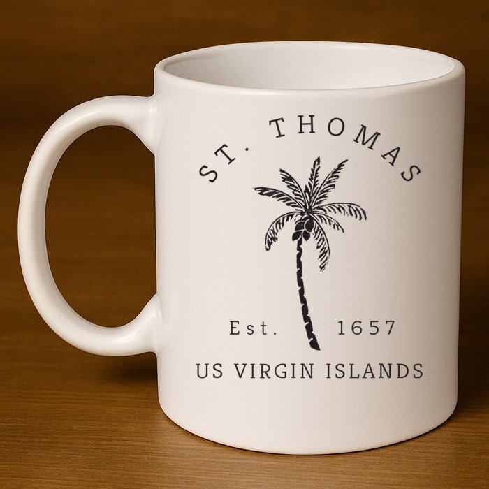 Original St. Thomas Virgin Islands Palm Tree Novelty Art 11oz C Handle Ceramic Mug