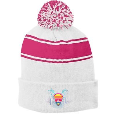 Outrun Synthwave Vaporwave Aesthetic 80S Retro Stripe Pom Pom Beanie