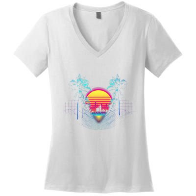 Outrun Synthwave Vaporwave Aesthetic 80S Retro Women's V-Neck T-Shirt