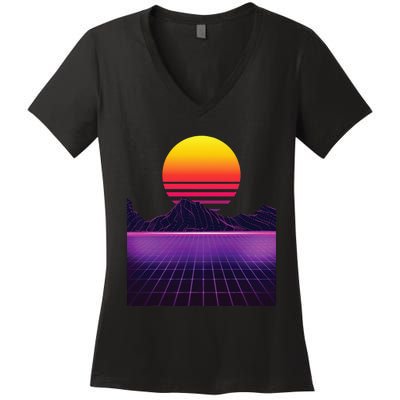 Outrun Synthwave Vaporwave Aesthetic 80s Retro Women's V-Neck T-Shirt