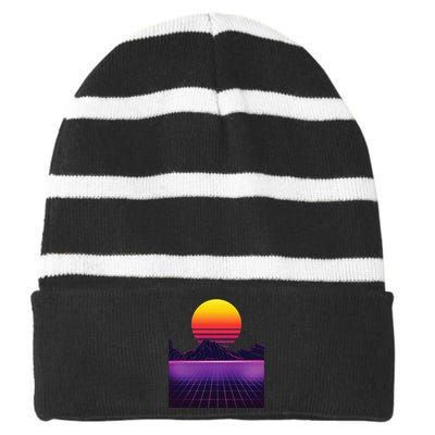 Outrun Synthwave Vaporwave Aesthetic 80s Retro Striped Beanie with Solid Band