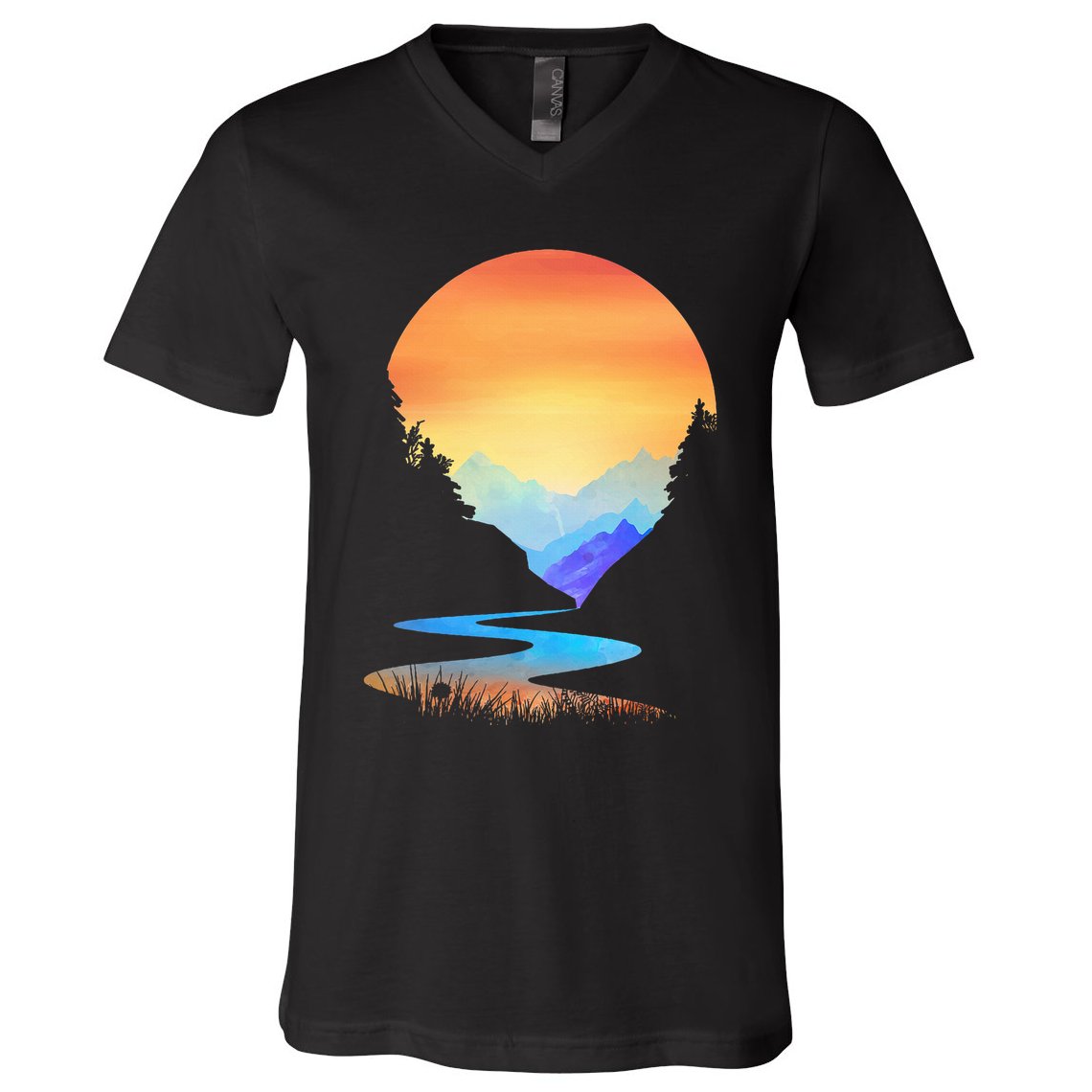 Outdoor Sunset Vintage Style Mountains Sun Nature V-Neck T-Shirt