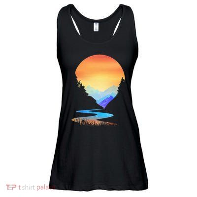 Outdoor Sunset Vintage Style Mountains Sun Nature Ladies Essential Flowy Tank