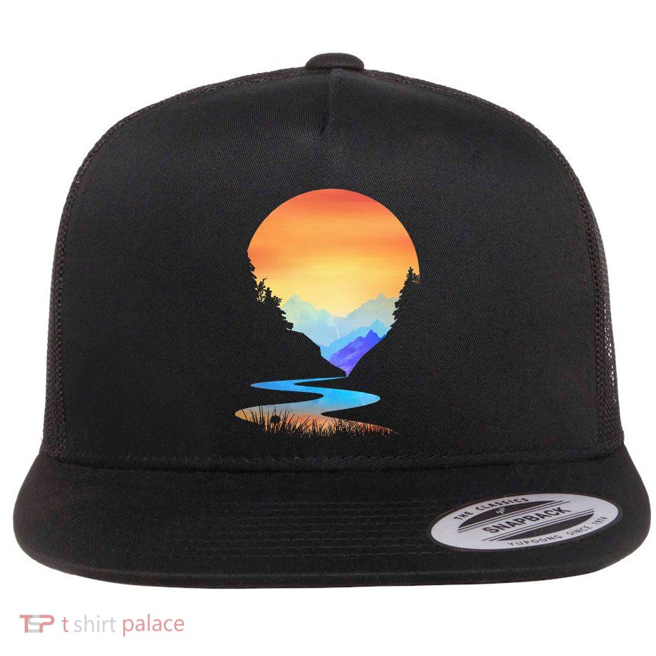 Outdoor Sunset Vintage Style Mountains Sun Nature Flatbill Hat