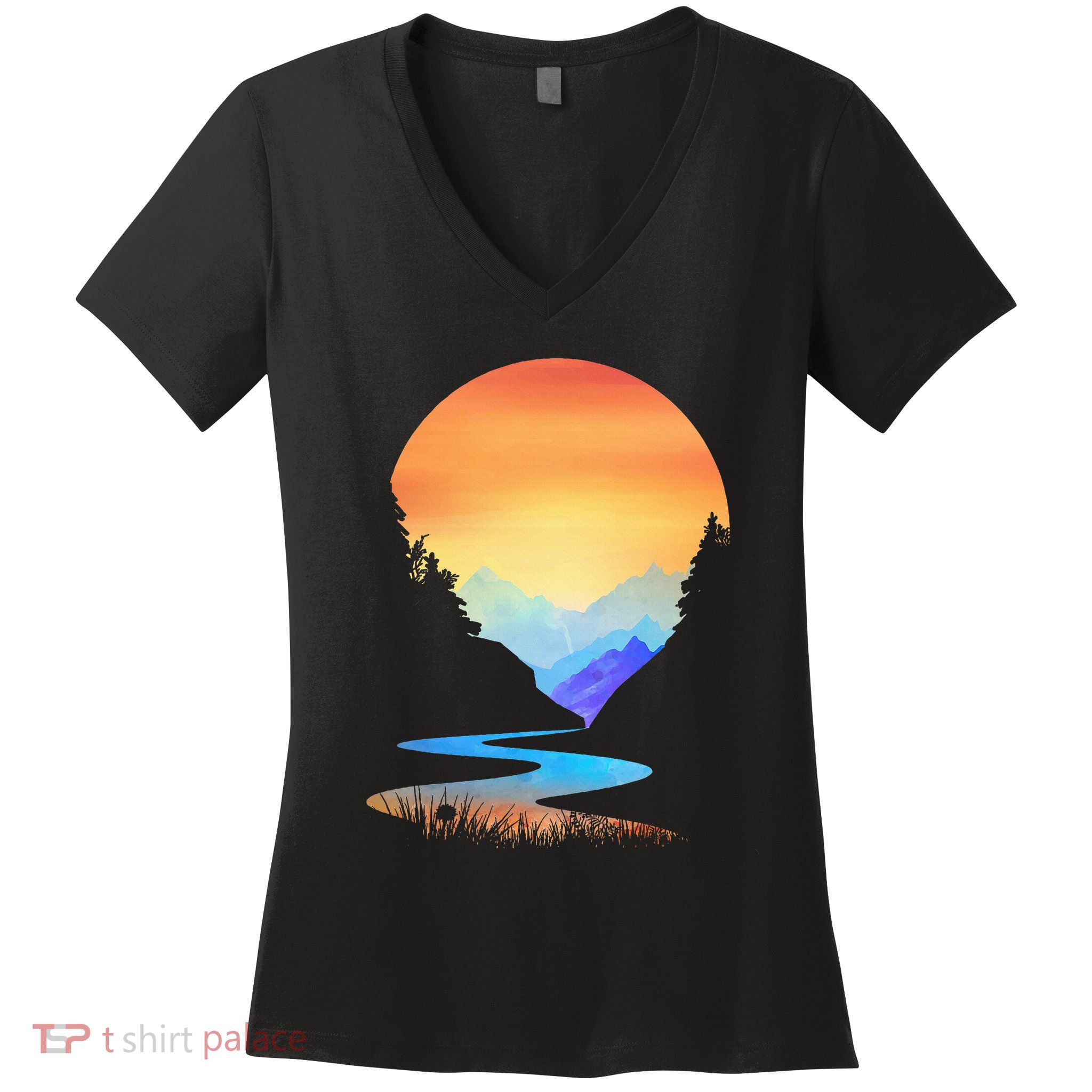 Outdoor Sunset Vintage Style Mountains Sun Nature Women's V-Neck T-Shirt