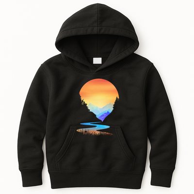 Outdoor Sunset Vintage Style Mountains Sun Nature Kids Hoodie