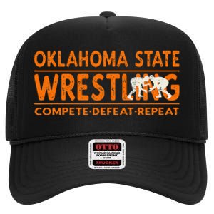 O.K.L.A.H.O.M.A State Wrestling Compete Defeat Repeat High Crown Mesh Back Trucker Hat