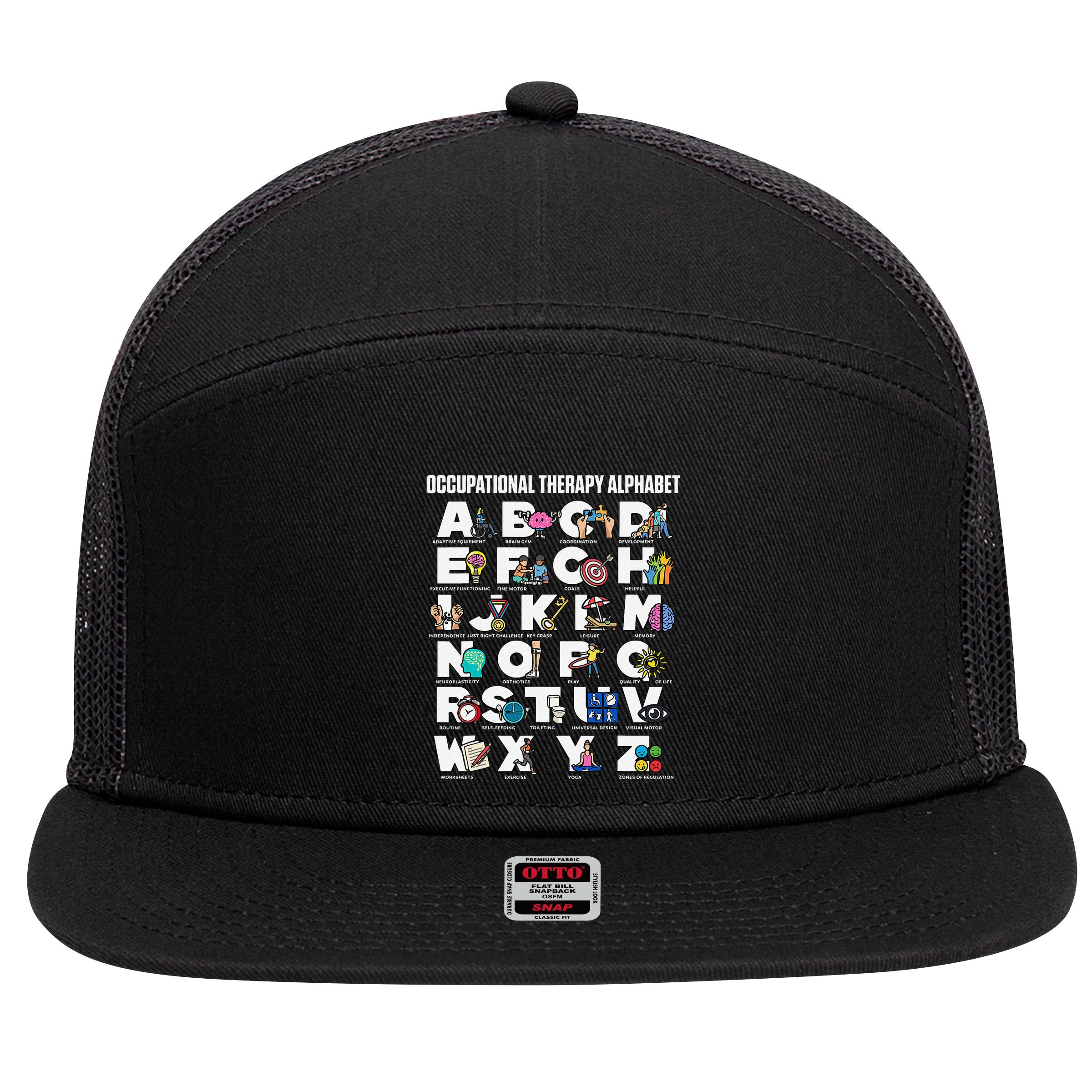 Occupational Therapy Alphabet Educational Ot Therapist Abcs 7 Panel Mesh Trucker Snapback Hat