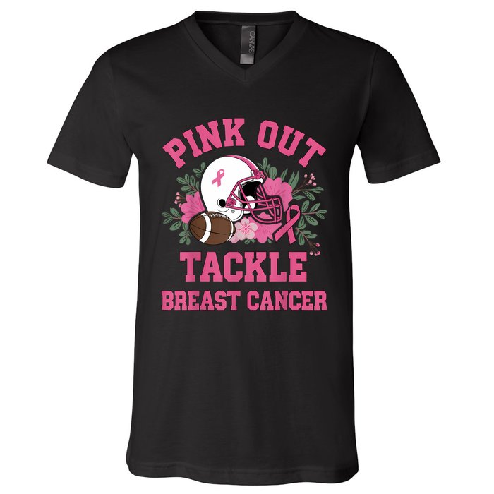 Out Tackle Breast Cancer Awareness Football Floral V-Neck T-Shirt