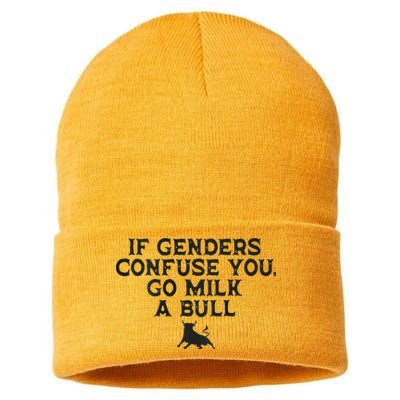 On The Back If Genders Confuse You Go Milk A Bull Sustainable Knit Beanie