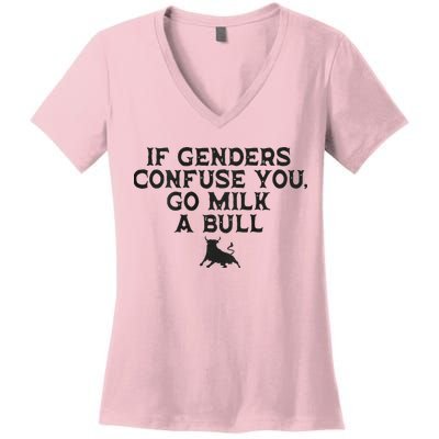 On The Back If Genders Confuse You Go Milk A Bull Women's V-Neck T-Shirt