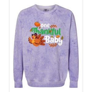 One Thankful Baby Funny Turkey Thanksgiving Baby Announcement Colorblast Crewneck Sweatshirt