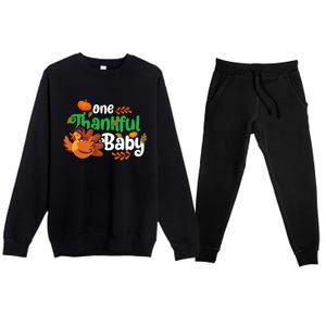 One Thankful Baby Funny Turkey Thanksgiving Baby Announcement Premium Crewneck Sweatsuit Set