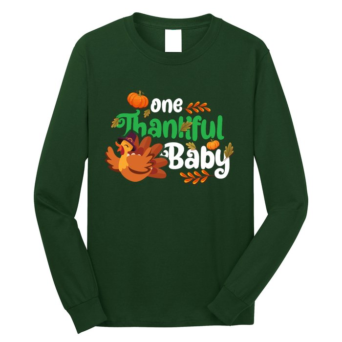 One Thankful Baby Funny Turkey Thanksgiving Baby Announcement Long Sleeve Shirt