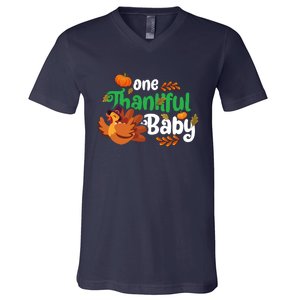 One Thankful Baby Funny Turkey Thanksgiving Baby Announcement V-Neck T-Shirt