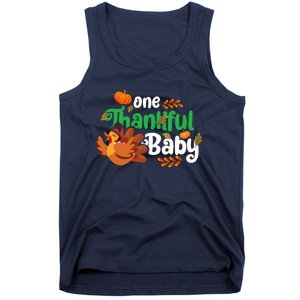 One Thankful Baby Funny Turkey Thanksgiving Baby Announcement Tank Top