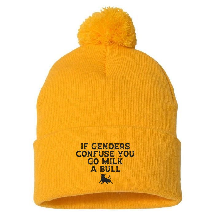 On The Back If Genders Confuse You Go Milk A Bull Meme Pom Pom 12in Knit Beanie