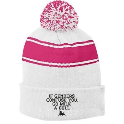 On The Back If Genders Confuse You Go Milk A Bull Meme Stripe Pom Pom Beanie