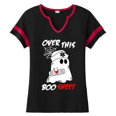 Over This Boo Sheet Funny Ghost Nurse Halloween Ladies Halftime Notch Neck Tee