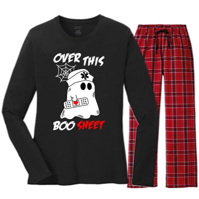 Over This Boo Sheet Funny Ghost Nurse Halloween Women's Long Sleeve Flannel Pajama Set 