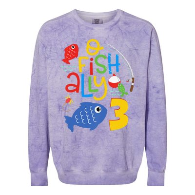 OFishAlly Three Birthday Decorations 3 Year Old 3rd Bday Colorblast Crewneck Sweatshirt