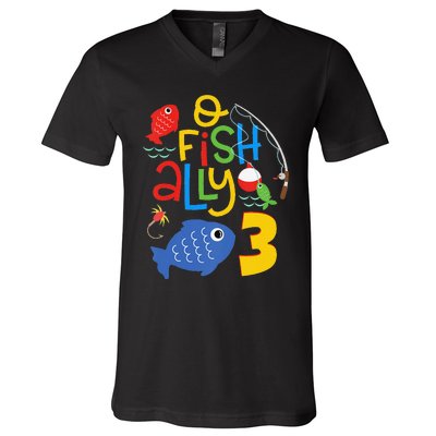 OFishAlly Three Birthday Decorations 3 Year Old 3rd Bday V-Neck T-Shirt