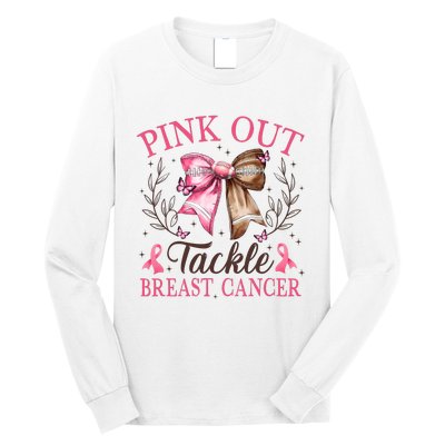 Out Tackle Breast Cancer Football Coquette Bow Long Sleeve Shirt