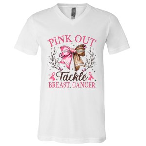 Out Tackle Breast Cancer Football Coquette Bow V-Neck T-Shirt