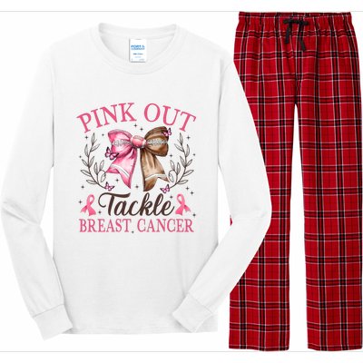 Out Tackle Breast Cancer Football Coquette Bow Long Sleeve Pajama Set