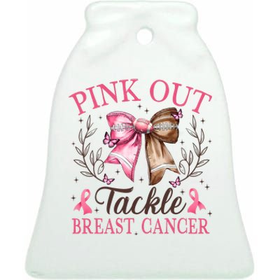 Out Tackle Breast Cancer Football Coquette Bow Ceramic Bell Ornament