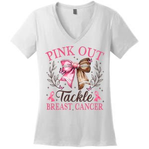 Out Tackle Breast Cancer Football Coquette Bow Women's V-Neck T-Shirt