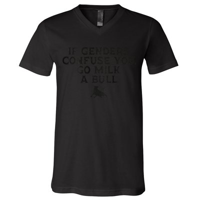 On The Back If Genders Confuse You Go Milk A Bull Meme V-Neck T-Shirt