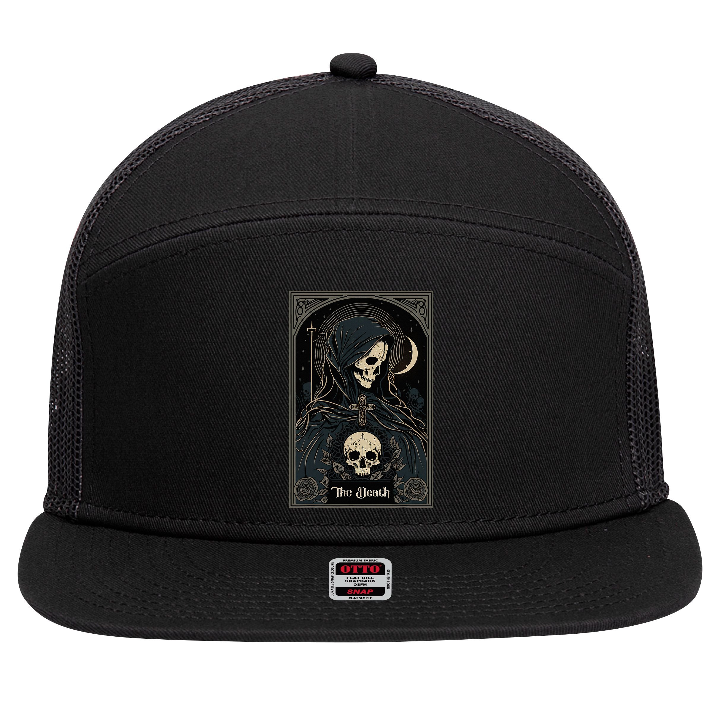 Occult Tarot Card The Death Skeleton Goth Dark Witchcraft 7 Panel Mesh Trucker Snapback Hat