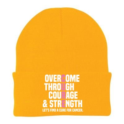 Overcome Through Courage And Strength Cure Cancer Awareness Gift Knit Cap Winter Beanie